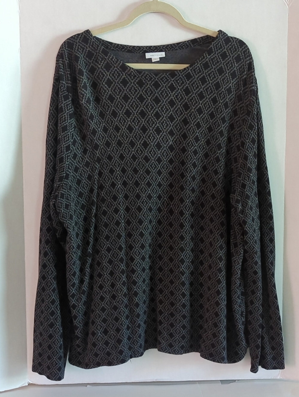 J. Jill Black Ponte Black & Gray Diamond Pattern  Knit Pullover Top Size XL